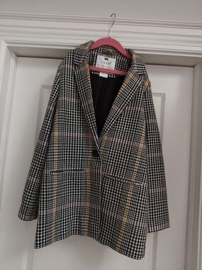 F&F Black Houndstooth Blazer Coat with Pink & Yellow Windowpane